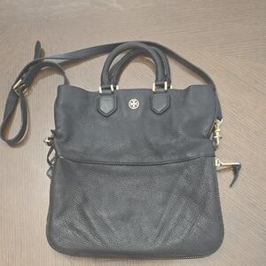 Tory Burch Fleming two-way pebbled black leather shoulder bag with gold hardware
